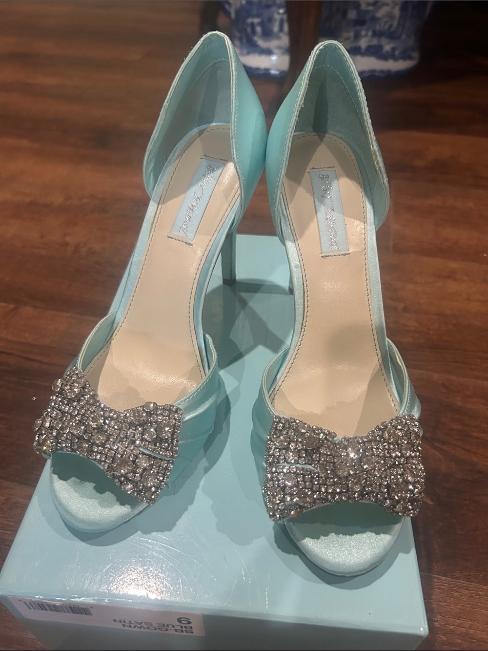 Betsey Johnson Aqua Open-Toe Heels with Rhinestone Crystal Bow